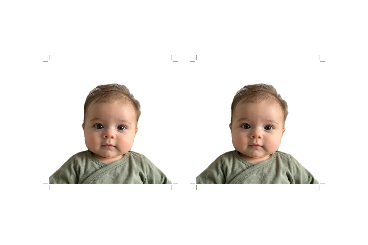 A 4 by 6 inch print sheet with two passport photos and cut marks
