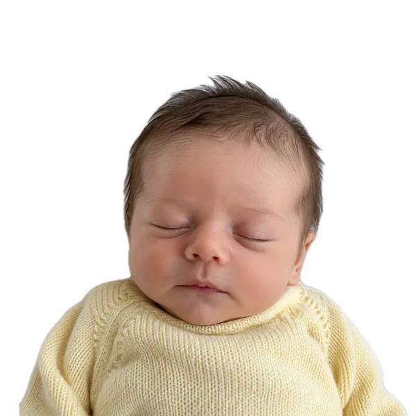 A sleeping newborn cropped to 2 by 2 inches on white