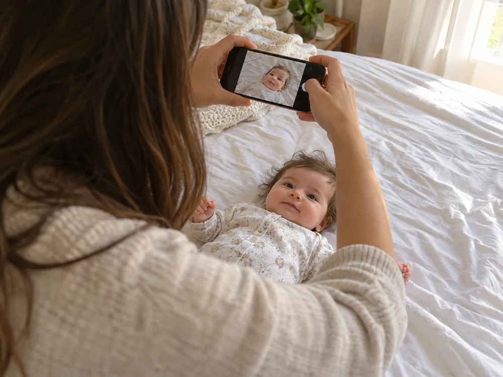 A parent holding a phone above a baby lying on a white sheet