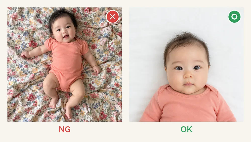 左は柄のある布で背景がNG、右は白い無地のシーツで背景がOKの比較