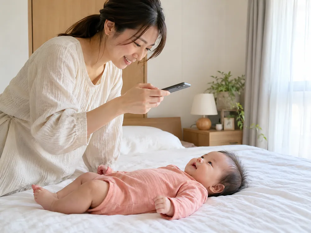白いシーツに寝かせた赤ちゃんを真上からスマホで撮影している様子