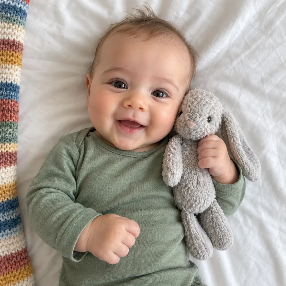 Rejected example: a baby holding a soft toy, with a blanket edge visible at the side