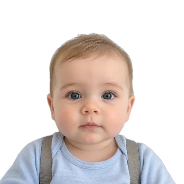 Accepted example: a baby photographed in a car seat with a white sheet behind, cropped to 2×2