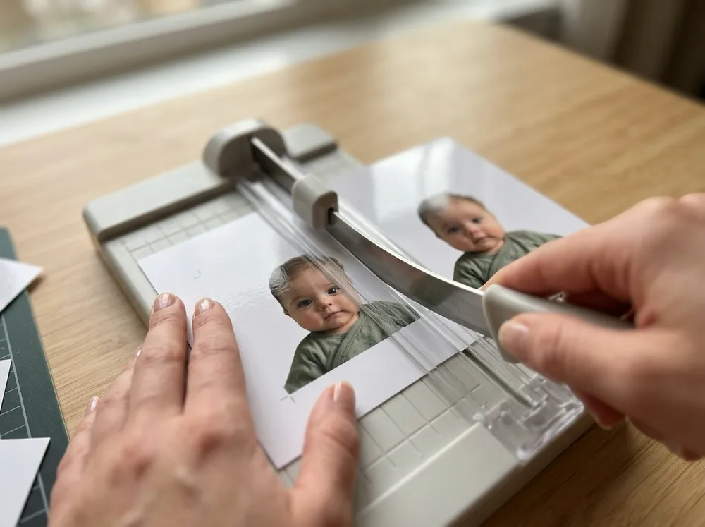 Cutting a 2x2 photo from a 4x6 print with a paper trimmer along the printed cut line