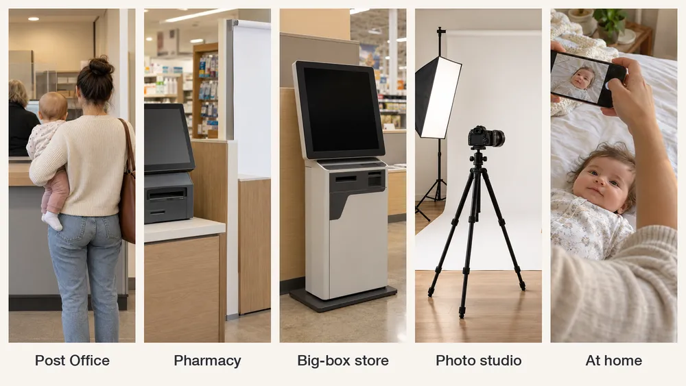 Five ways to get a baby passport photo: Post Office, pharmacy, big-box store, photo studio, and at home